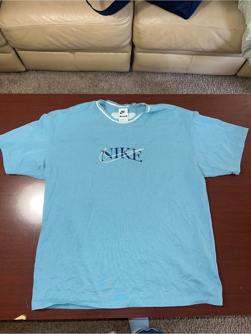 Nike Light Blue Short Sleeve Crewneck T-Shirt with Navy Logo